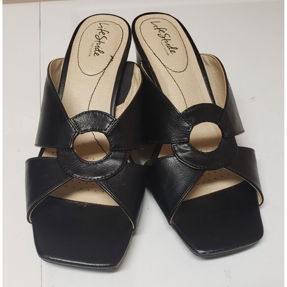 Life Stride Soft System Open Toe Leather Block Heel Black Sandals Sz 10 M PO Exc - Picture 2 of 13